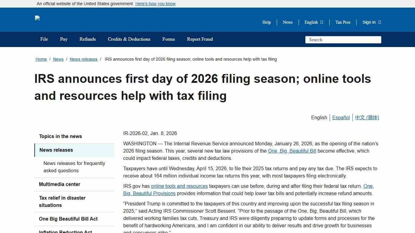 IRS announces first day of 2026 filing season; online tools and resources help with tax filing | Internal Revenue Service